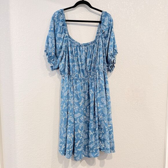 Torrid Blue Floral Mini Dress Puff Sleeve Smocked Fit & Flare Plus Size 2X Flowy - Picture 2 of 10